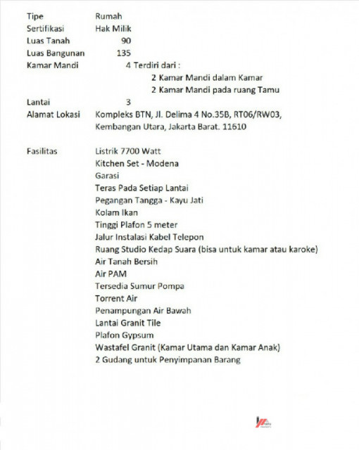 Jual Rumah Cepat Harga BU dekat masjid Al Ikhlas dan Puri Indah Mall