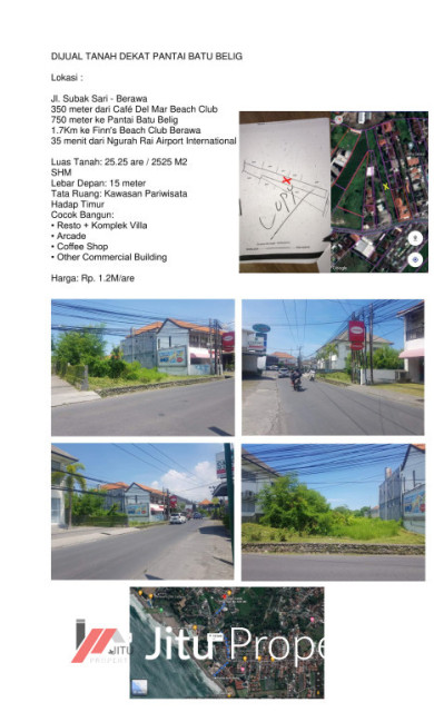 Dijual Tanah Dekat Pantai Batu Belig, Berawa Bali. 12M/are